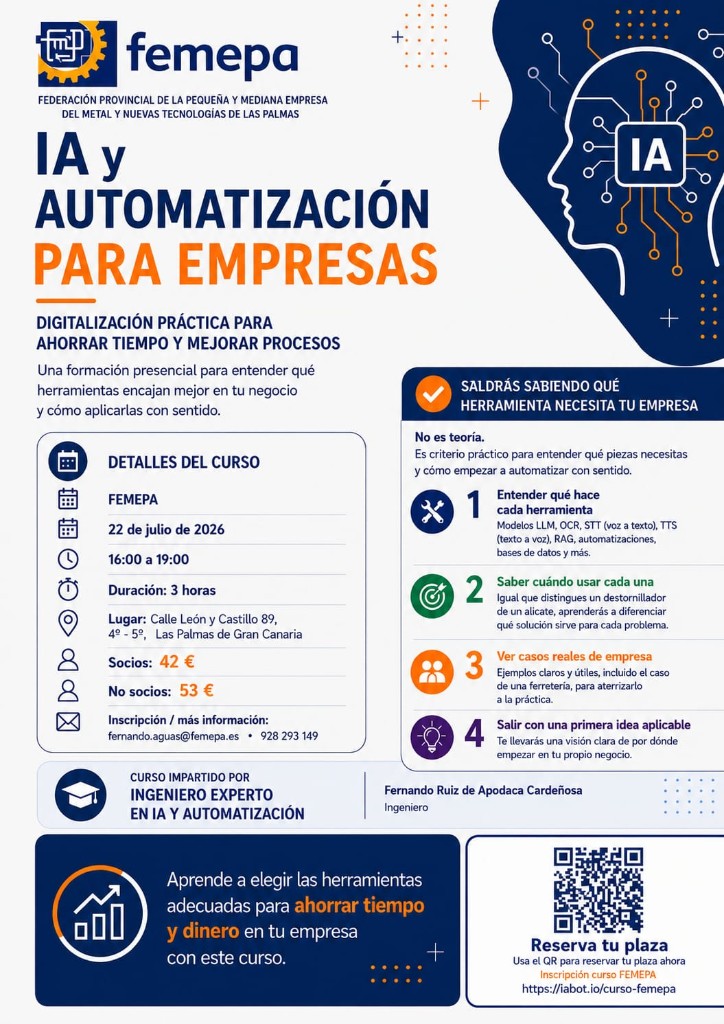 Cartel del curso IA y automatización para empresas en FEMEPA, Las Palmas