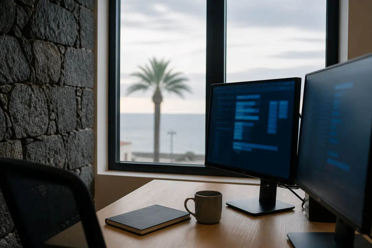 A desk by a window: volcanic stone wall, two lit monitors and, beyond, a palm tree and the sea.