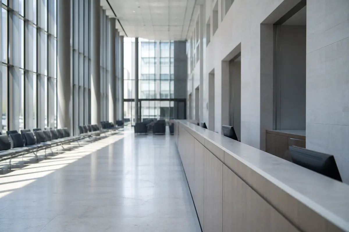 Public hall of an administrative building with no visitors: floor-to-ceiling windows, a long service counter and rows of waiting chairs.