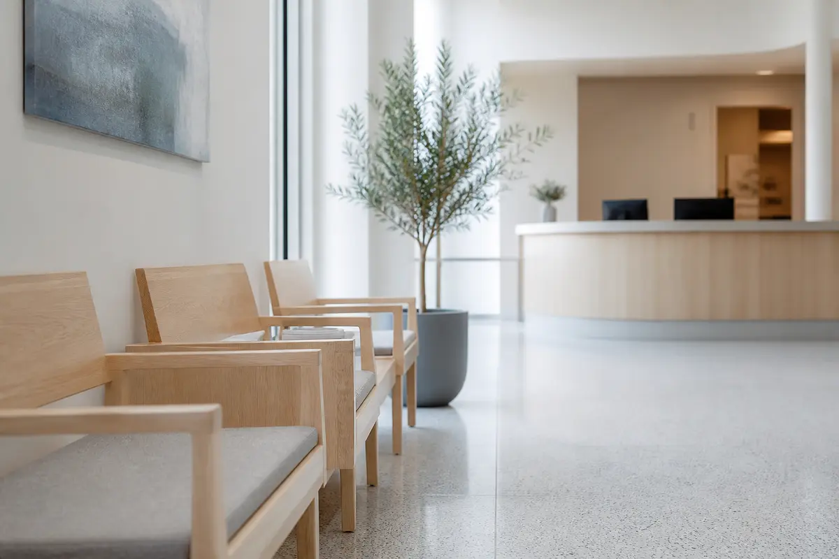 Empty clinic waiting area: a row of light wood armchairs and the reception counter out of focus in the background.