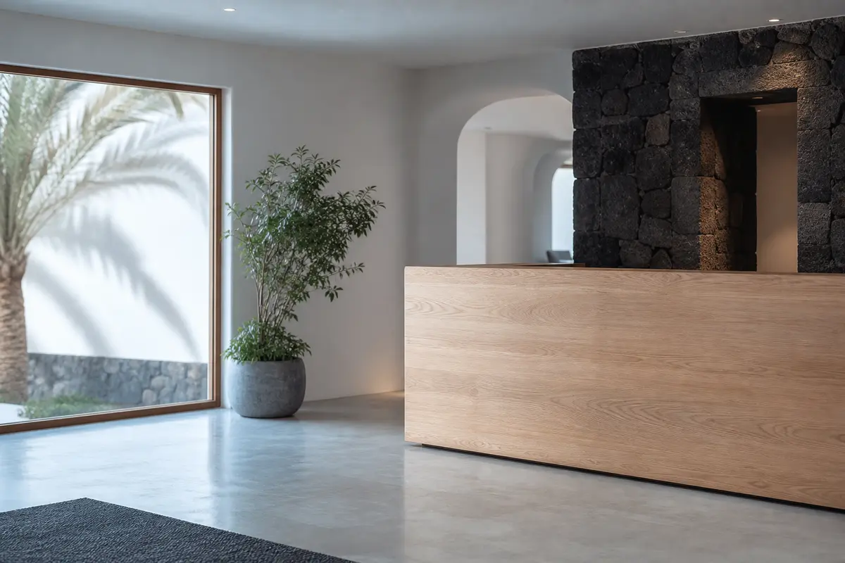 Empty reception of a small hotel: light wood counter, volcanic stone wall and the shadow of a palm tree on the plaster.