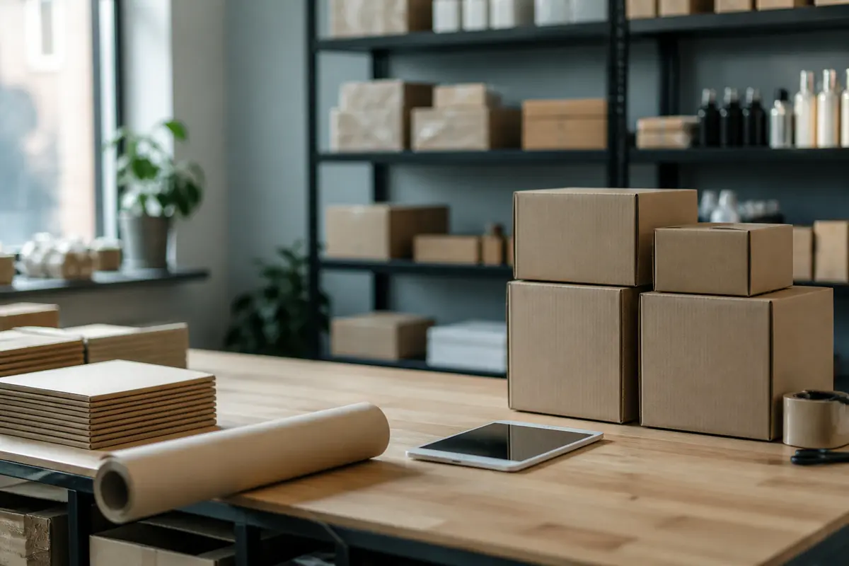 Packing bench in a shop: cardboard boxes, a roll of kraft paper, tape and a tablet, with product shelves behind.