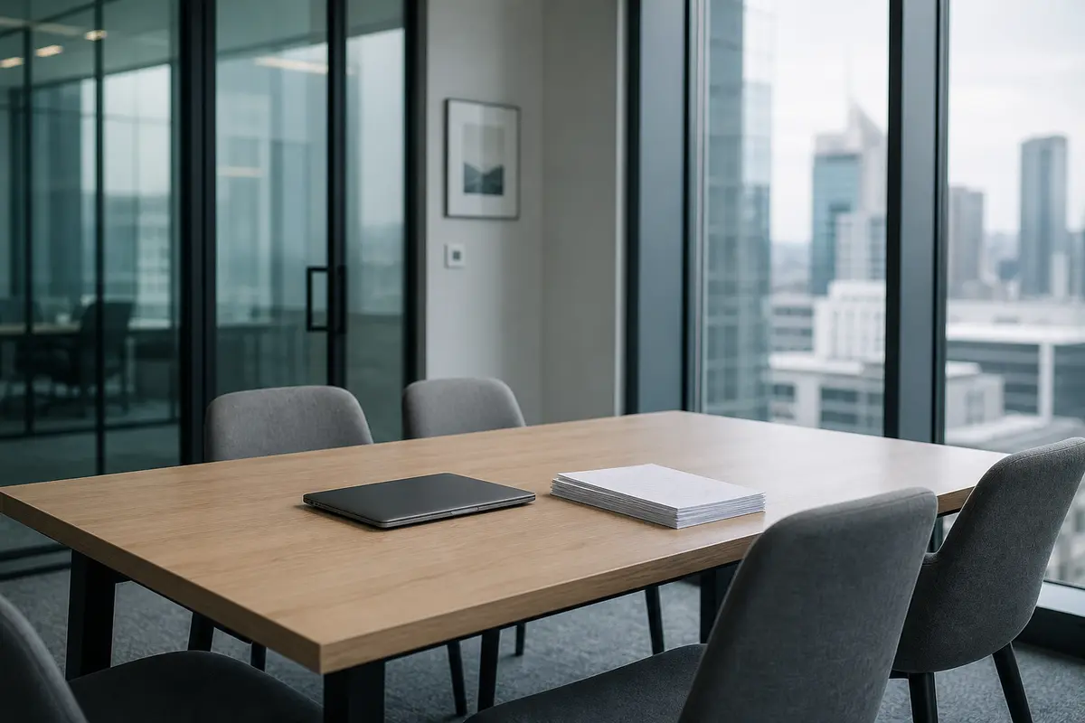 Empty meeting room in a firm: wooden table with a closed laptop and a stack of documents, city view through the window.
